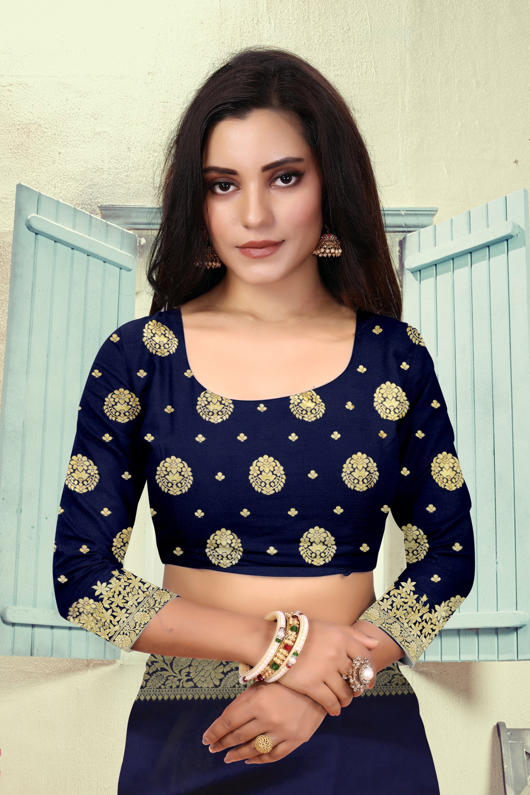 Vedant Vastram Litchi Silk Designer Banarasi Saree - Navy Blue - Distacart