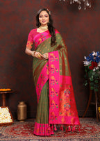 Lorenvalley Fashion Mahendi Soft Paithani Silk Woven Design Rich Zari Meenakari Weaving Saree