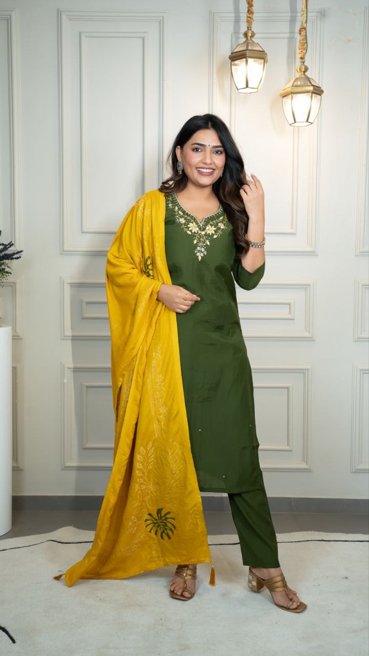 Lorenvalley Fashion Mahendi Roman Silk Hand Work Kurta Pant with Dupatta - Distacart