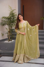 Lorenvalley Fashion Mehendi Crunchy Silk with Embroidery Codding & Sequins Work Anarkali Gown with Dupatta - Distacart