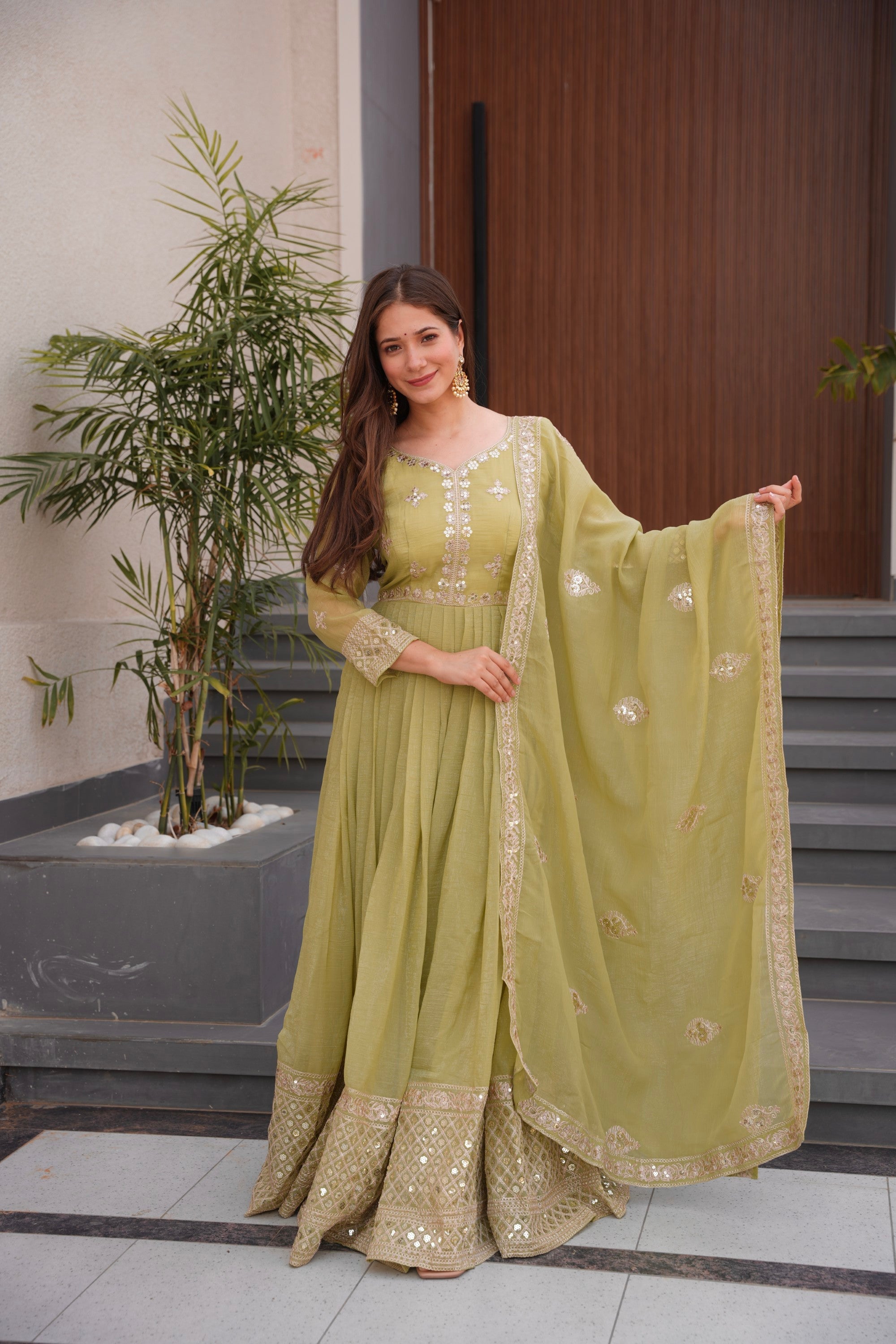 Lorenvalley Fashion Mehendi Crunchy Silk with Embroidery Codding & Sequins Work Anarkali Gown with Dupatta - Distacart