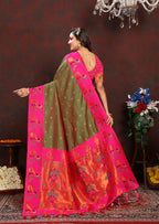 Lorenvalley Fashion Mahendi Soft Paithani Silk Woven Design Rich Zari Meenakari Weaving Saree
