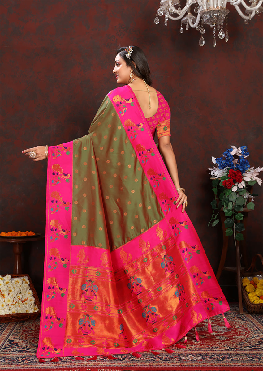 Lorenvalley Fashion Mahendi Soft Paithani Silk Woven Design Rich Zari Meenakari Weaving Saree