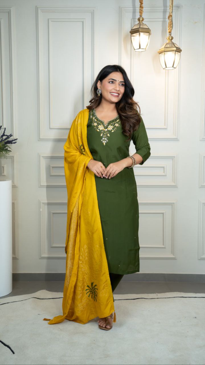 Lorenvalley Fashion Mahendi Roman Silk Hand Work Kurta Pant with Dupatta - Distacart