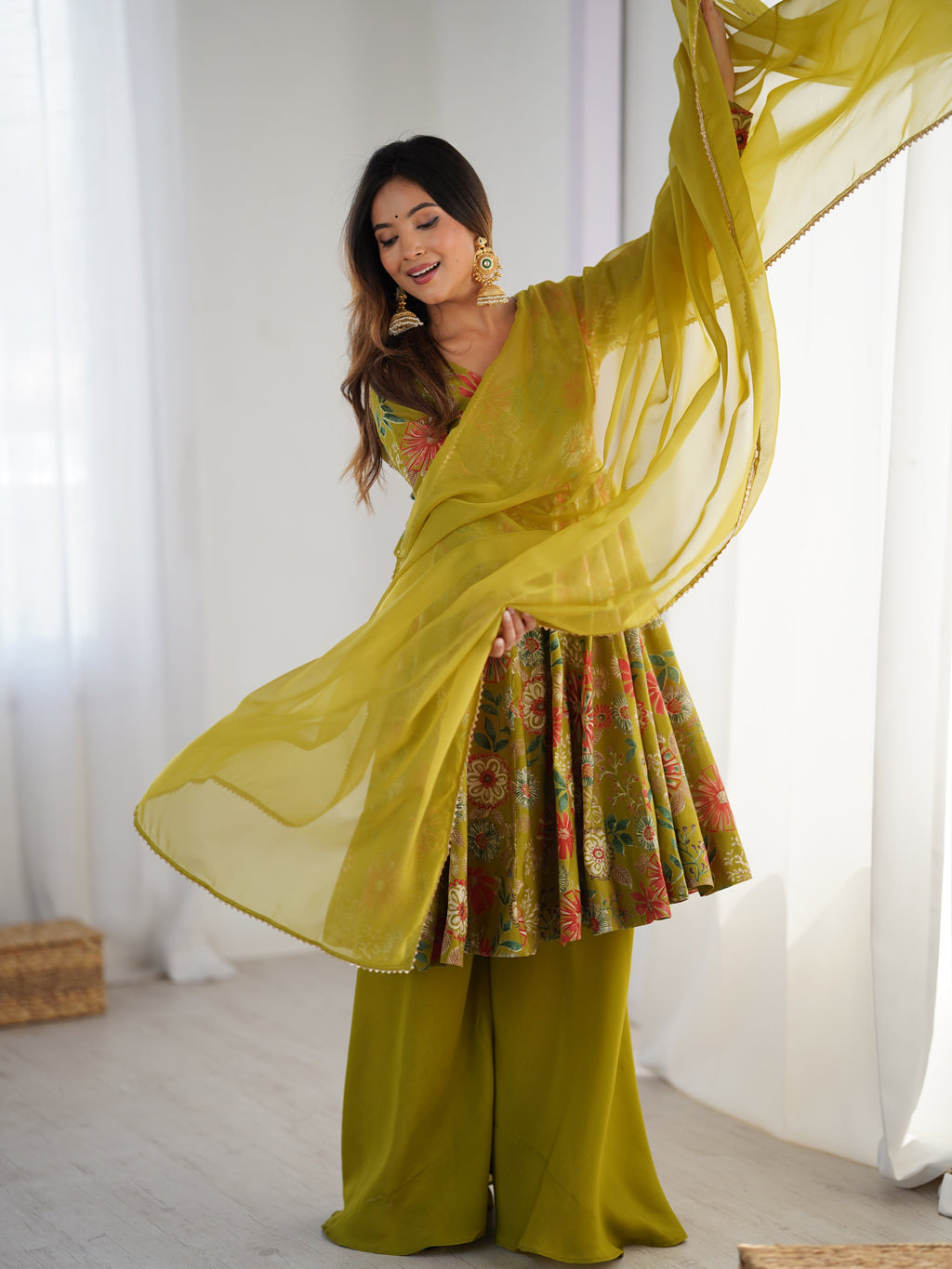 Lorenvalley Women Pure Soft Roman silk Chanderi Discharge Print Fabric Kediya Kurta Palazzo with Dupatta Set