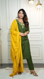 Lorenvalley Fashion Mahendi Roman Silk Hand Work Kurta Pant with Dupatta - Distacart