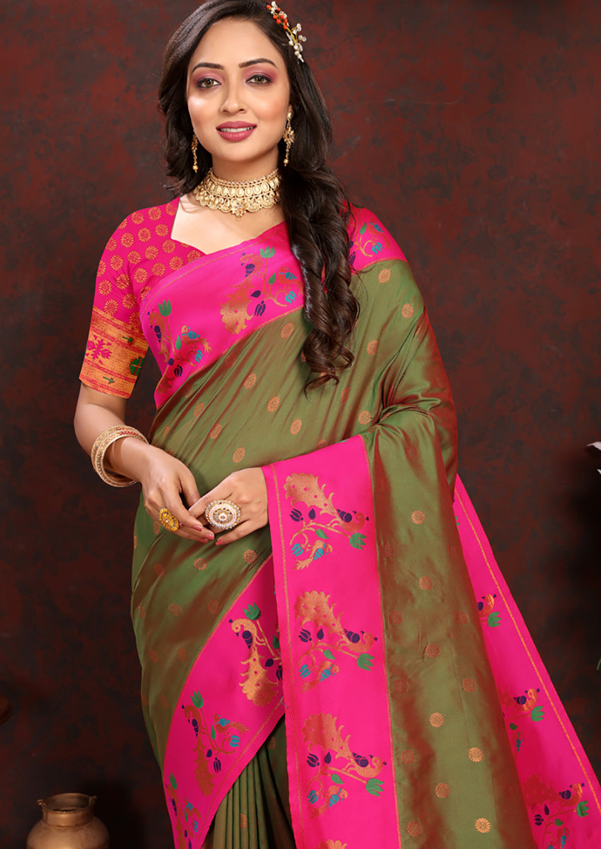 Lorenvalley Fashion Mahendi Soft Paithani Silk Woven Design Rich Zari Meenakari Weaving Saree