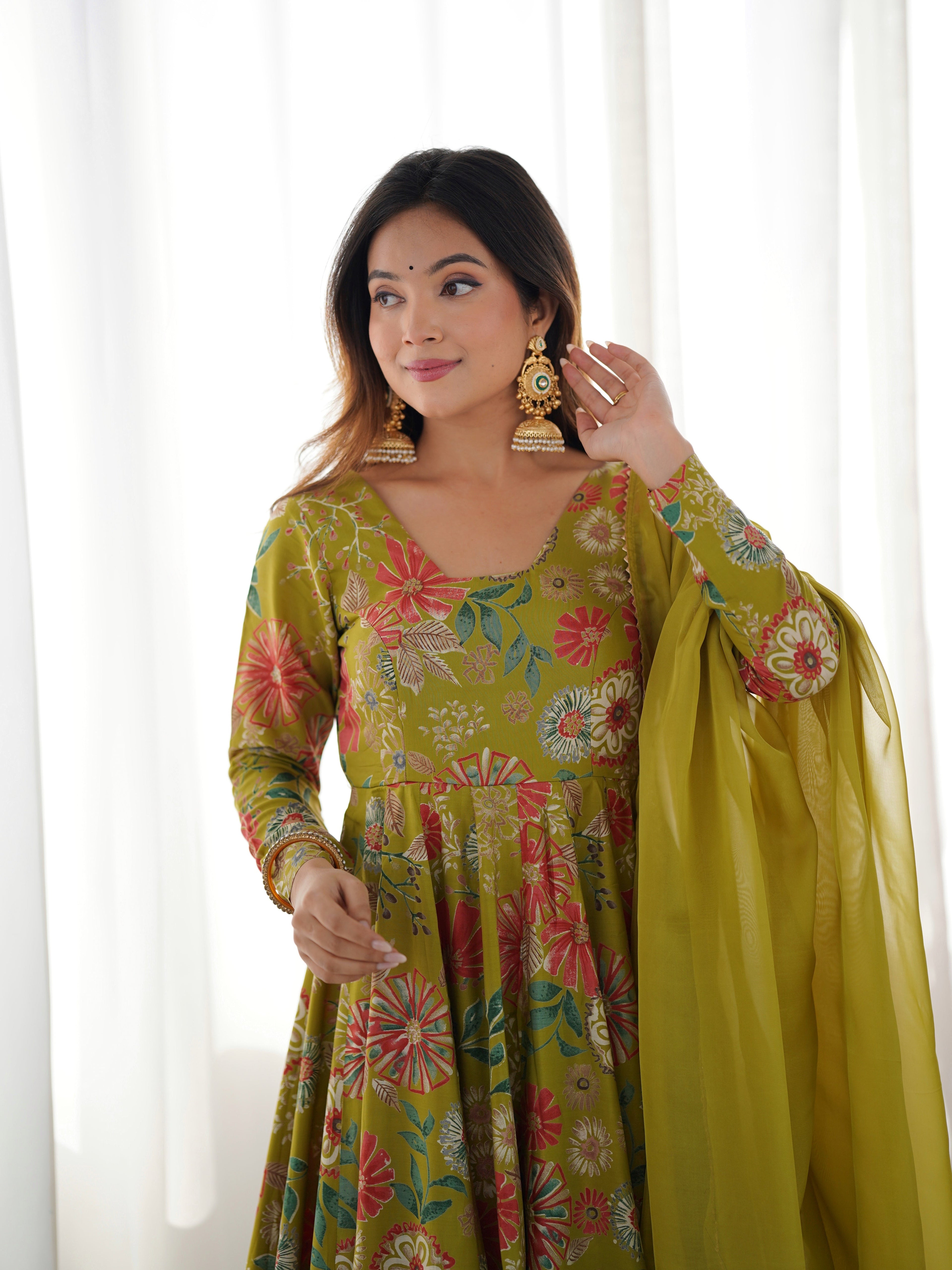 Lorenvalley Women Pure Soft Roman silk Chanderi Discharge Print Fabric Kediya Kurta Palazzo with Dupatta Set