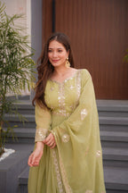 Lorenvalley Fashion Mehendi Crunchy Silk with Embroidery Codding & Sequins Work Anarkali Gown with Dupatta - Distacart
