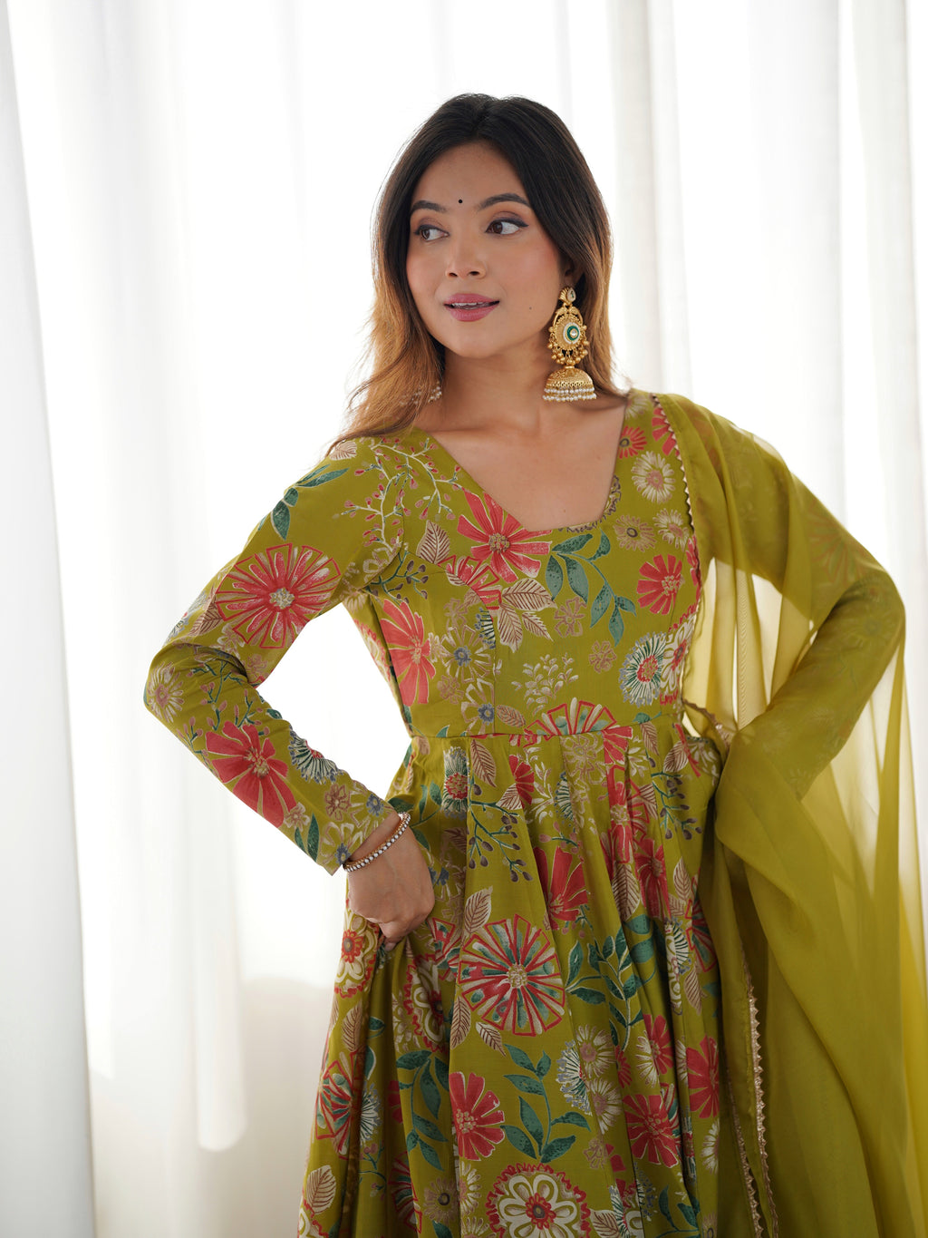 Lorenvalley Women Pure Soft Roman silk Chanderi Discharge Print Fabric Kediya Kurta Palazzo with Dupatta Set