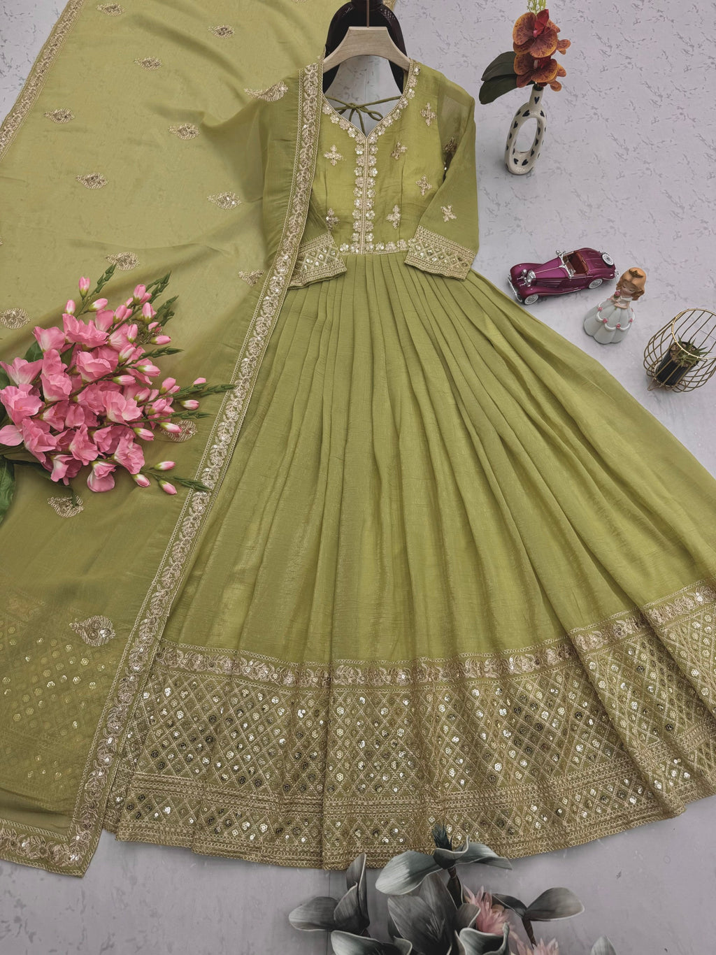 Lorenvalley Fashion Mehendi Crunchy Silk with Embroidery Codding & Sequins Work Anarkali Gown with Dupatta - Distacart