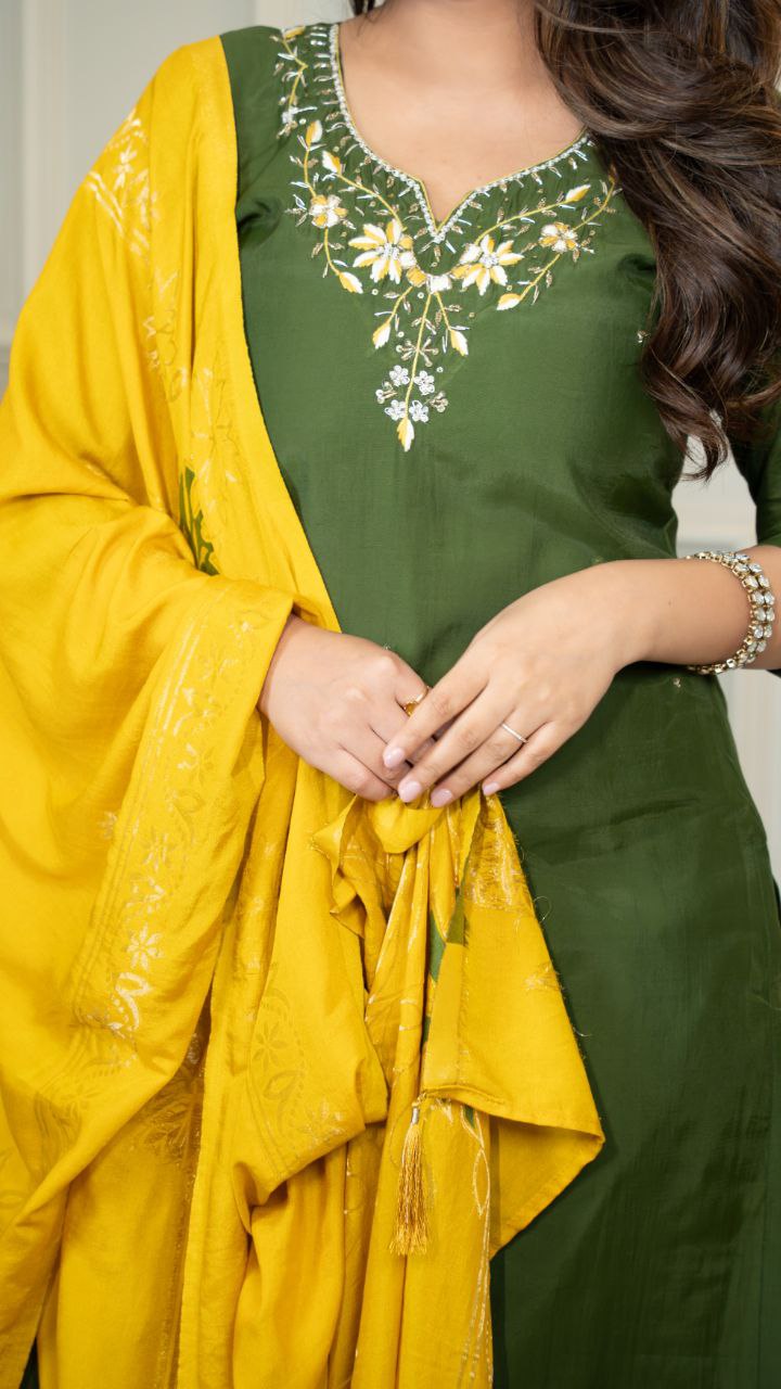 Lorenvalley Fashion Mahendi Roman Silk Hand Work Kurta Pant with Dupatta - Distacart