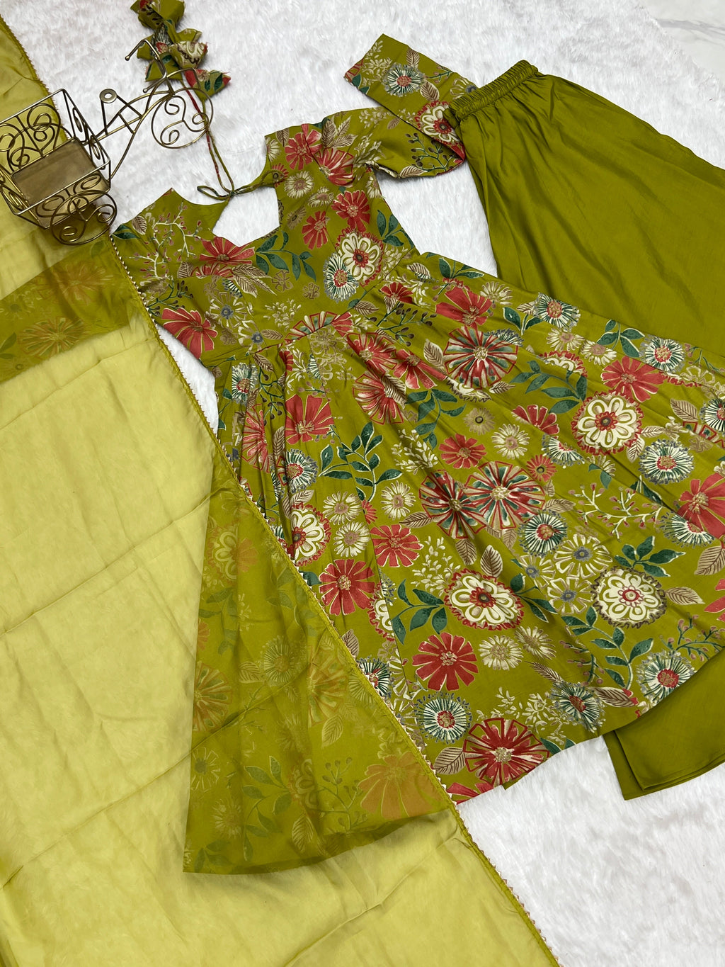 Lorenvalley Women Pure Soft Roman silk Chanderi Discharge Print Fabric Kediya Kurta Palazzo with Dupatta Set