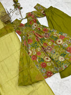 Lorenvalley Women Pure Soft Roman silk Chanderi Discharge Print Fabric Kediya Kurta Palazzo with Dupatta Set