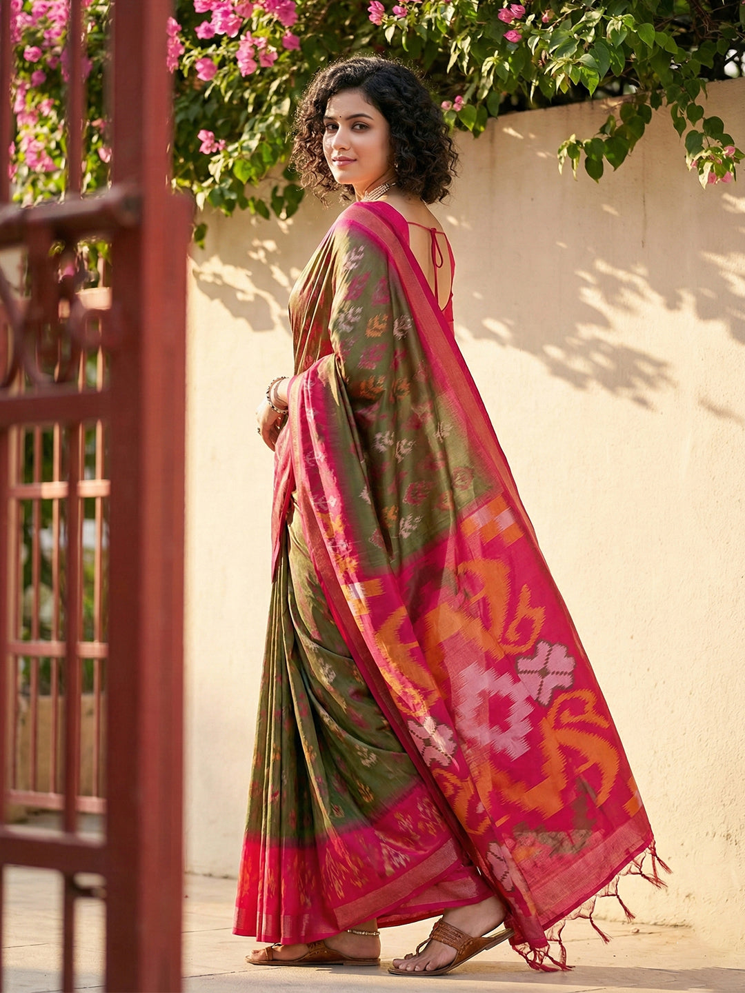 Anaita Mehendi Pochampally Printed Saree With Blouse - Distacart