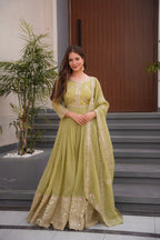 Lorenvalley Fashion Mehendi Crunchy Silk with Embroidery Codding & Sequins Work Anarkali Gown with Dupatta - Distacart