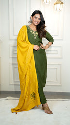 Lorenvalley Fashion Mahendi Roman Silk Hand Work Kurta Pant with Dupatta - Distacart
