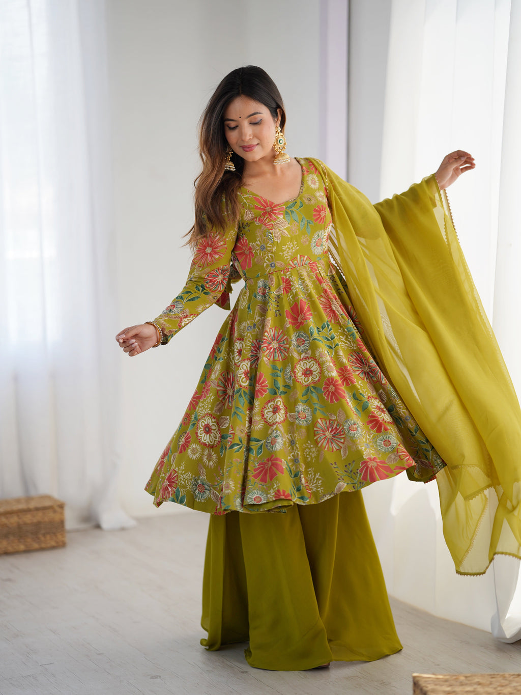 Lorenvalley Women Pure Soft Roman silk Chanderi Discharge Print Fabric Kediya Kurta Palazzo with Dupatta Set
