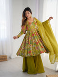 Lorenvalley Women Pure Soft Roman silk Chanderi Discharge Print Fabric Kediya Kurta Palazzo with Dupatta Set