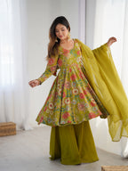 Lorenvalley Women Pure Soft Roman silk Chanderi Discharge Print Fabric Kediya Kurta Palazzo with Dupatta Set