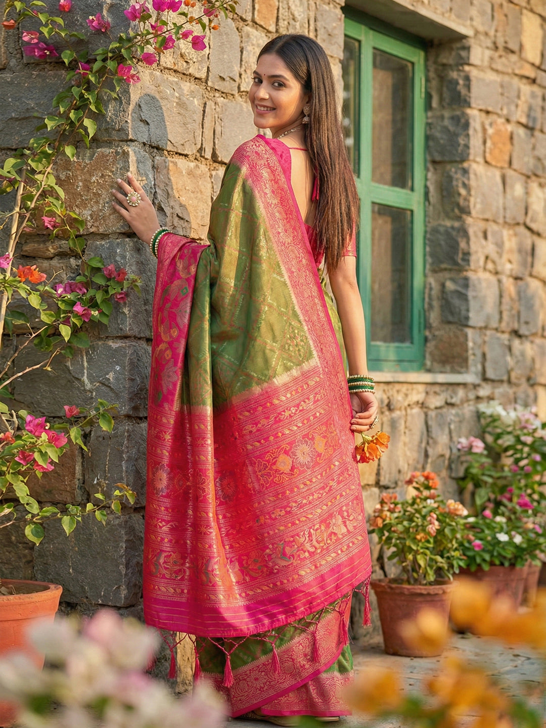 Anaita Mehendi Pochampally Printed Saree With Blouse - Distacart