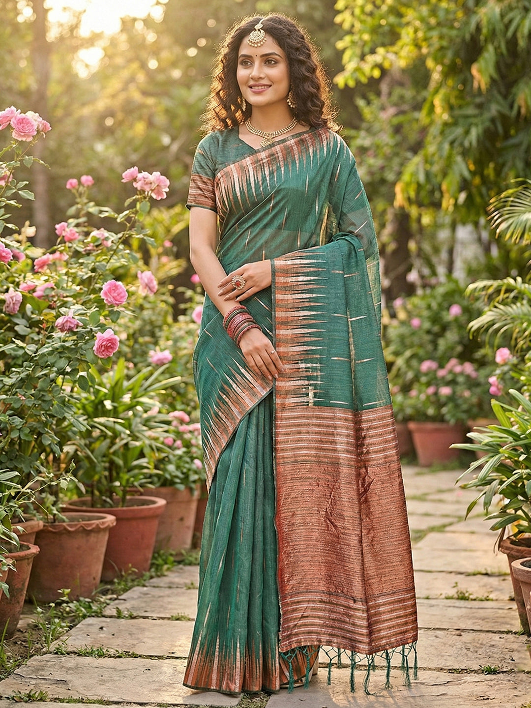 Anaita Mehendi Linen Woven Work Saree With Blouse - Distacart