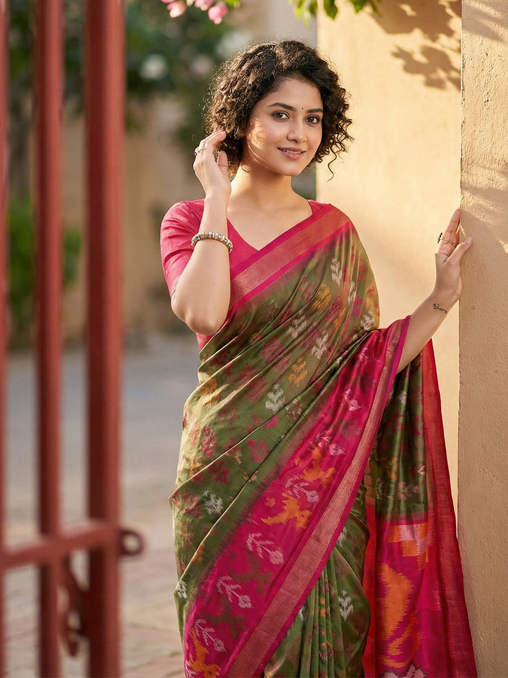 Anaita Mehendi Pochampally Printed Saree With Blouse - Distacart