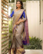 DEIANA'S Beautiful Designer Golden zari Soft Lichi Silk Saree - Cream