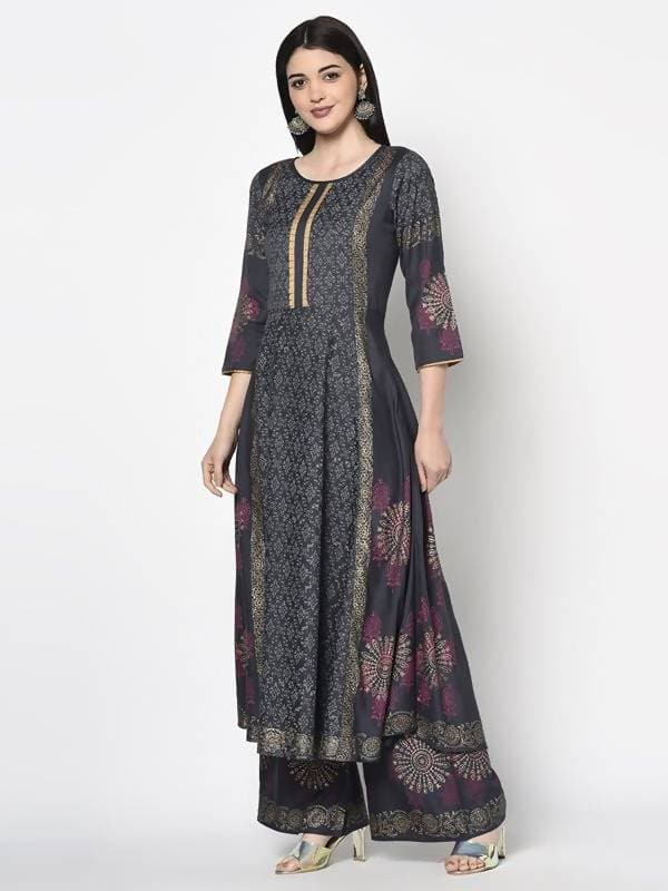 Aniyah Rayon Dark Grey Color Block Print Anarkali Kurta (AN-200K)