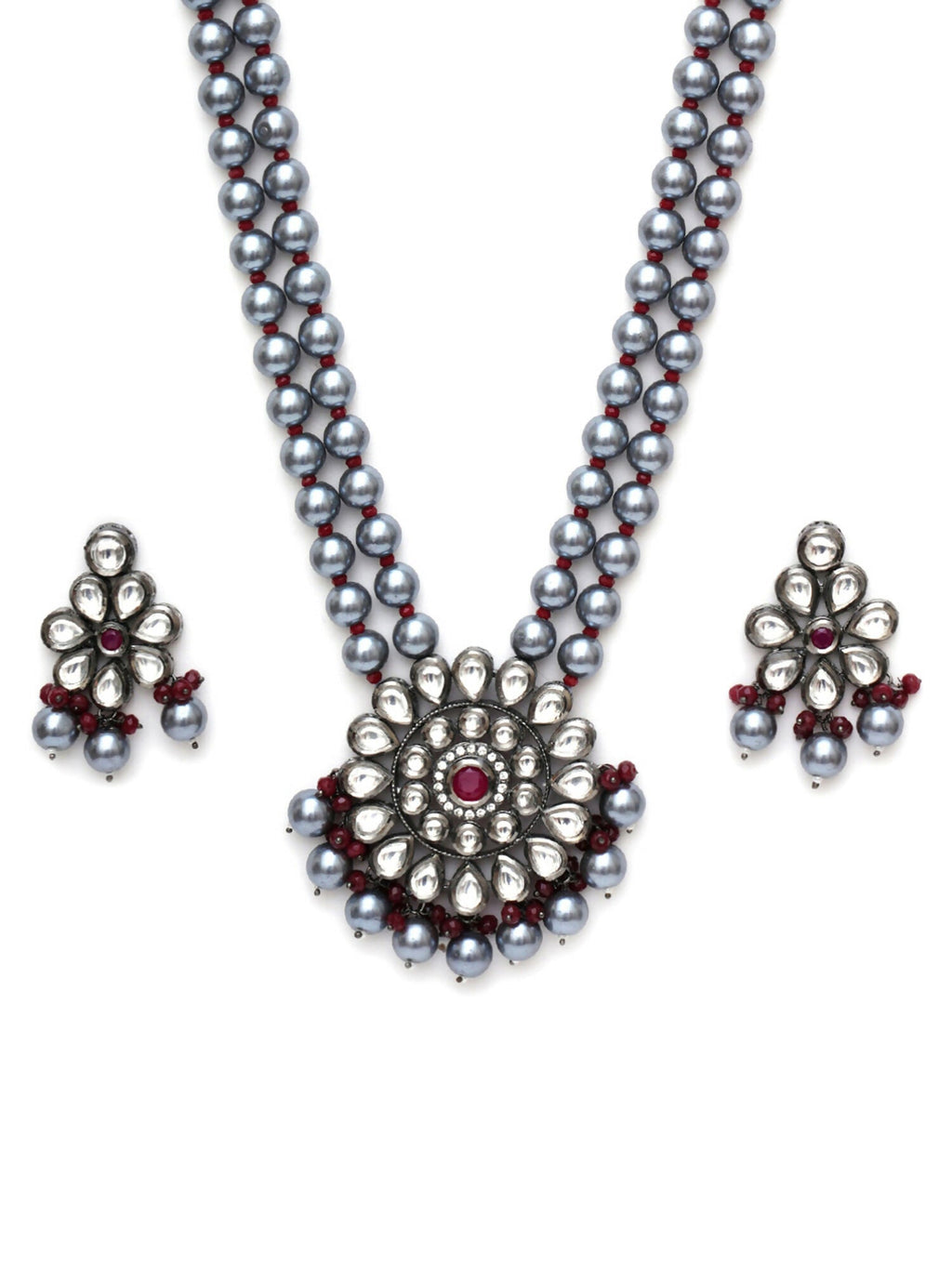 Long Kundan Neckpiece with Earrings with Multi Stones Jewellery Set (Grey) - Ruby Raang