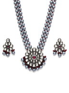 Long Kundan Neckpiece with Earrings with Multi Stones Jewellery Set (Grey) - Ruby Raang