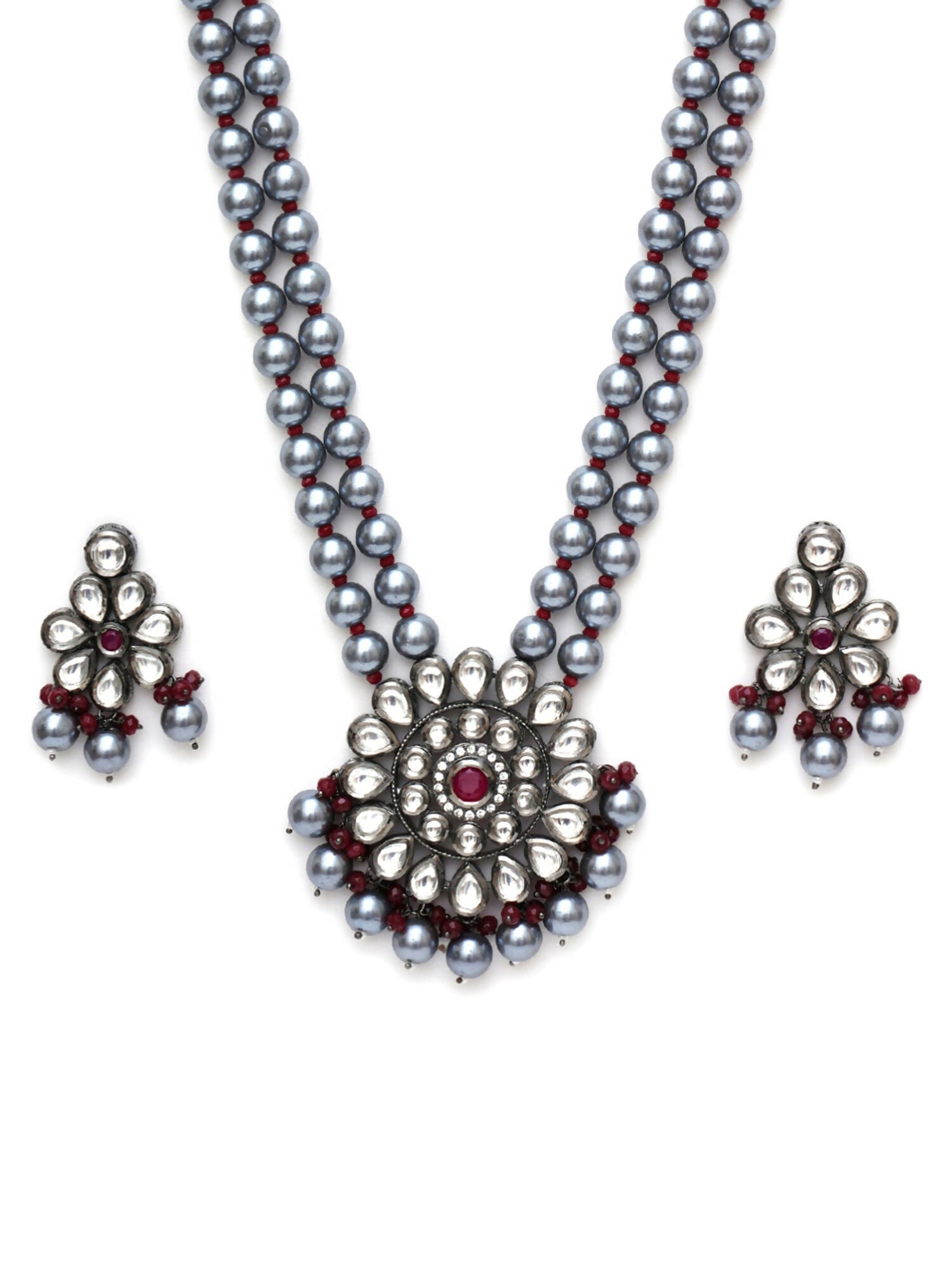 Long Kundan Neckpiece with Earrings with Multi Stones Jewellery Set (Grey) - Ruby Raang