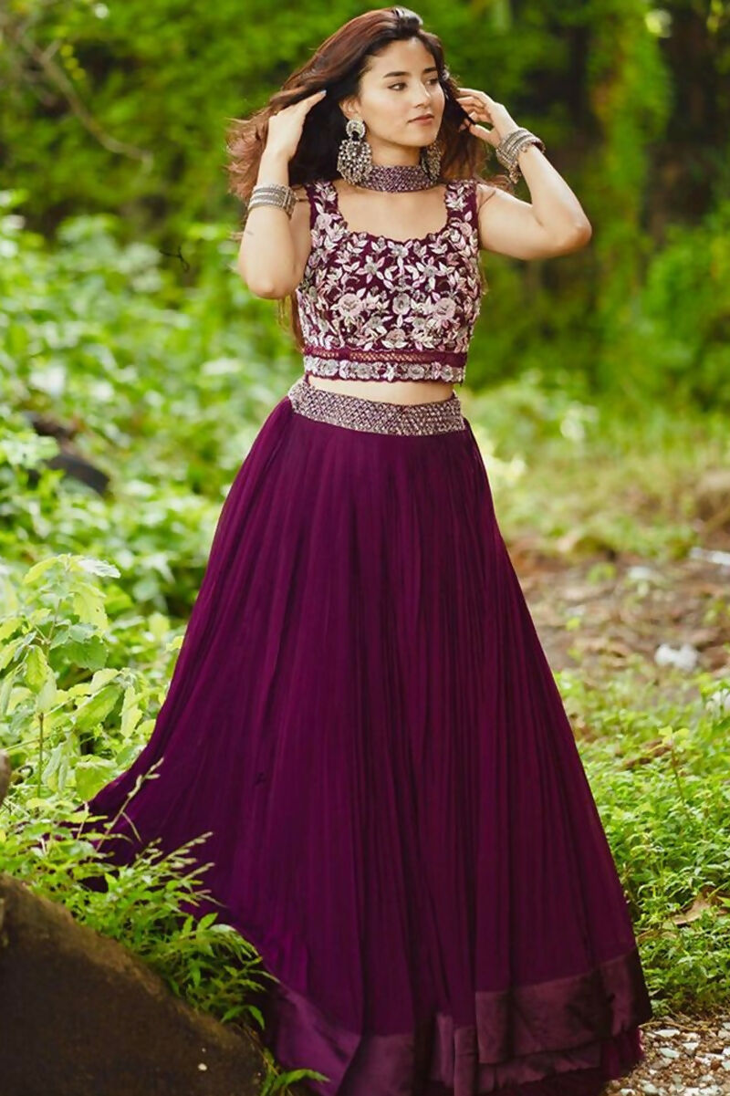 Jyoti Fashion Wine Crush Georgette Designer Lehenga Choli with Dupatta