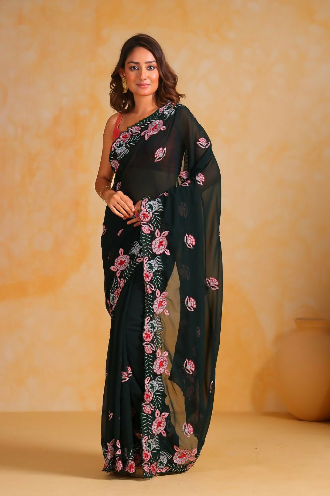 Vamsee Annie Dark Green Georgette Silk Saree