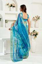 Vastranavya Aqua Blue Digital Printed Linen Ready To Wear Designer Saree with Unstitched Blouse - Distacart