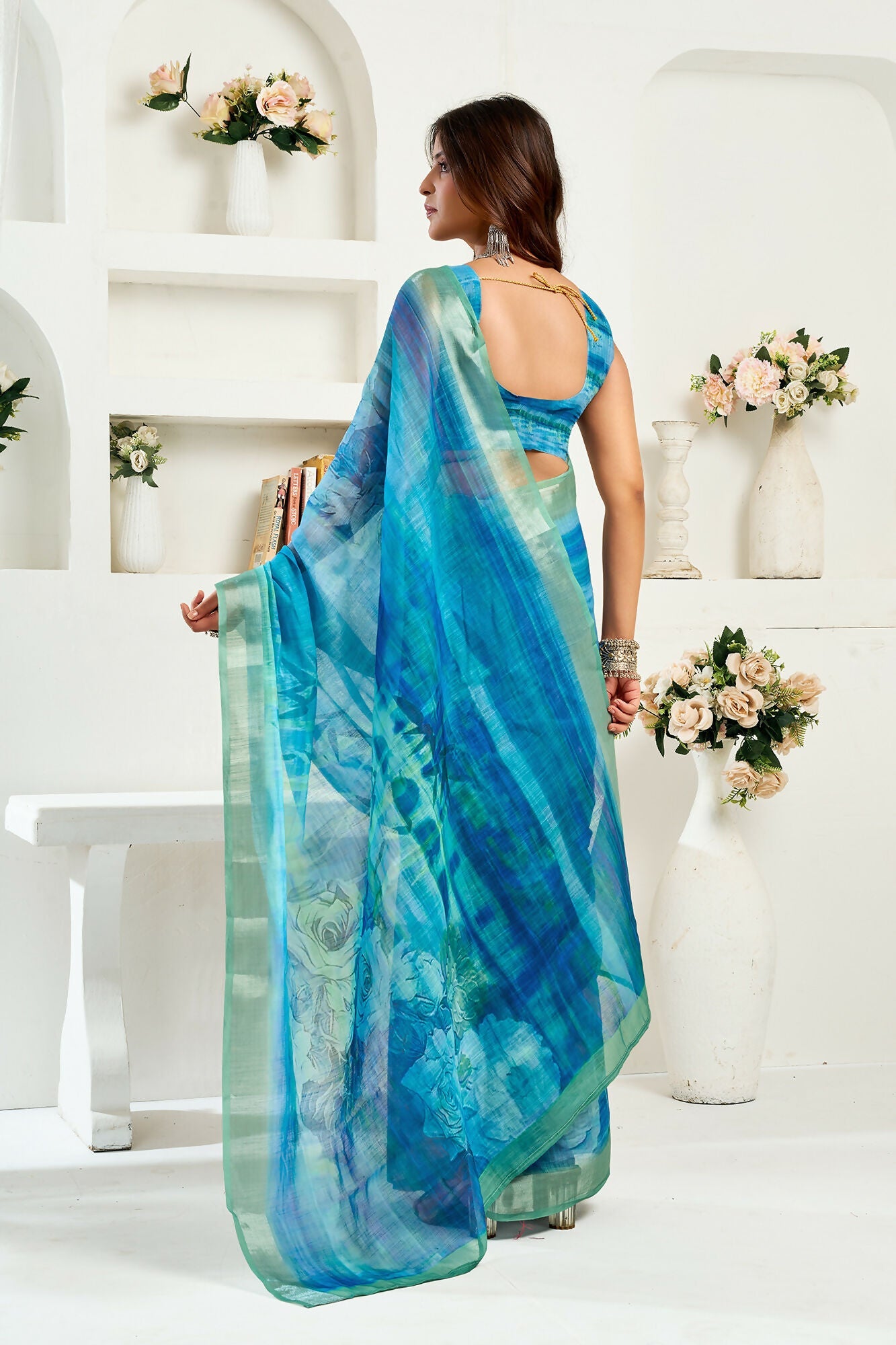 Vastranavya Aqua Blue Digital Printed Linen Ready To Wear Designer Saree with Unstitched Blouse - Distacart