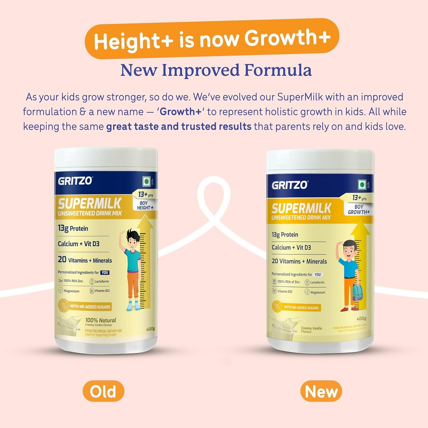 Gritzo SuperMilk Growth+ (Formerly Height+) Unsweetened Drink Mix (13+y Boys), 13g Protein Powder (Creamy Vanilla)