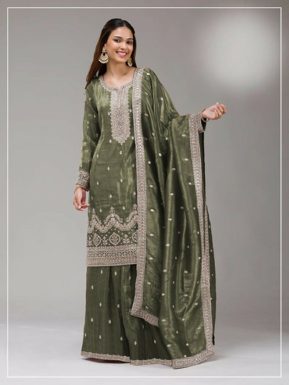 Anaita Green Gold Crush Stitched Suit with Embroidery & Sequins Work - Distacart