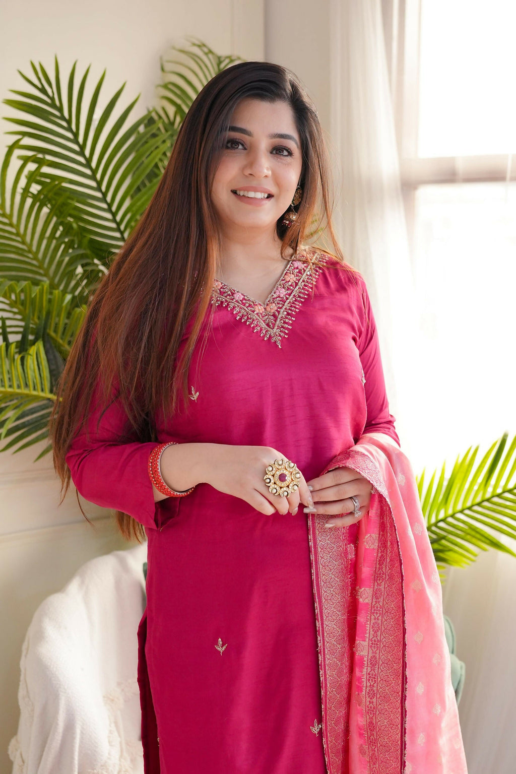 The52 Pink Women's Gorgeous Embroidered Vichitra Fabric Straight Kurta Pant with Dupatta Set - Distacart