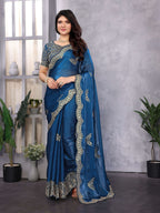 Vastranavya Blue Embroidery Work Shimmer Chiffon Saree with Unstitched Blouse - Distacart