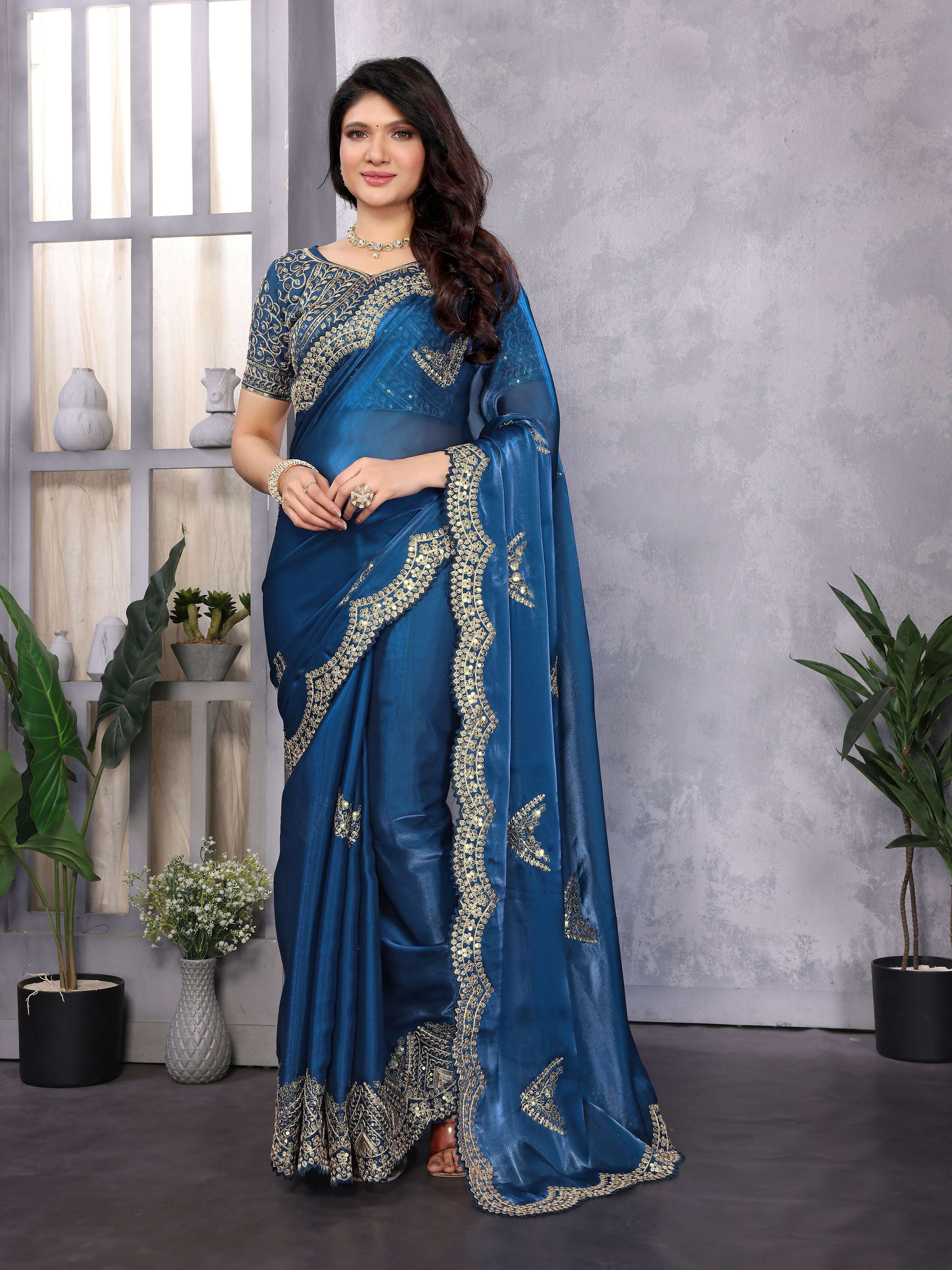 Vastranavya Blue Embroidery Work Shimmer Chiffon Saree with Unstitched Blouse - Distacart