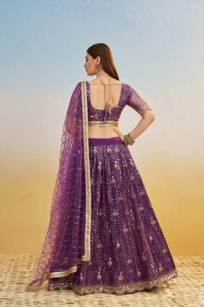 Aastha Fashion Dark Purple Butterfly Net Tone To Tone Thread Work, Sequence Work And Original Mirror Work Embroidery Wedding Wear Lehenga Choli