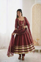 Teeya Creation Maroon Cosmos Gold Lace Work Party Wear Gown - Distacart