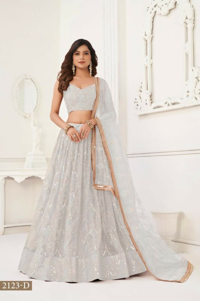 Aastha Fashion Off White Butterfly Net Tone To Tone Thread Work, Sequence Work And Original Mirror Work Embroidery Wedding Wear Lehenga Choli