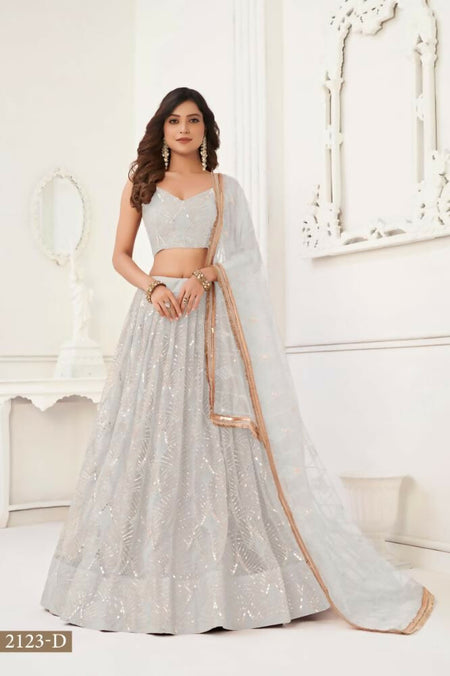 Aastha Fashion Off White Butterfly Net Tone To Tone Thread Work, Sequence Work And Original Mirror Work Embroidery Wedding Wear Lehenga Choli