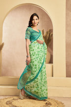 Vastranavya Mint Green Digital Printed Linen Ready To Wear Designer Saree with Unstitched Blouse - Distacart