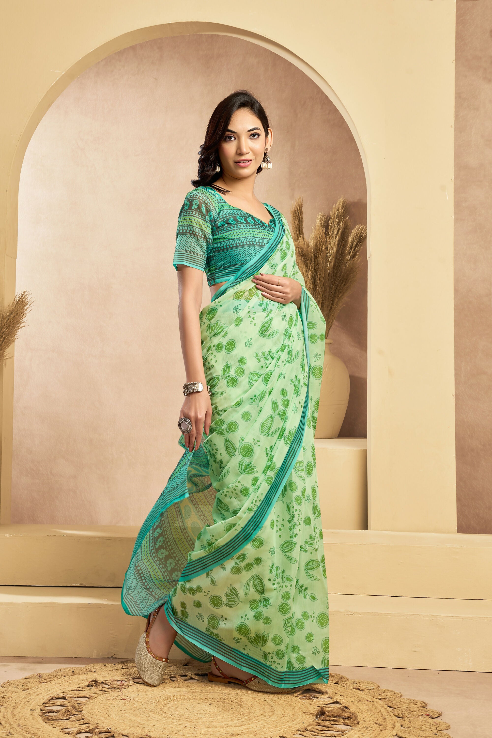 Vastranavya Mint Green Digital Printed Linen Ready To Wear Designer Saree with Unstitched Blouse - Distacart