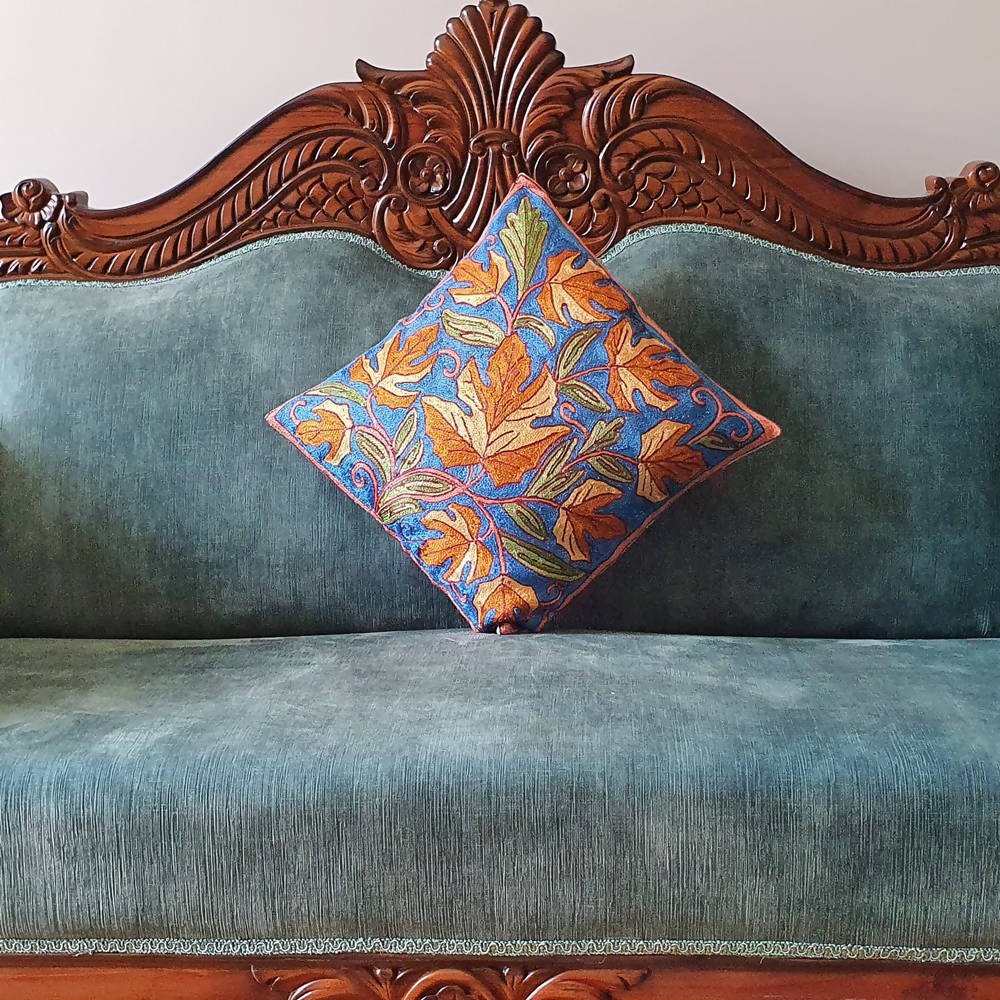 The Decor Nook Hand Embroidered Crewel Cushion Covers in Mustard & Off White Chinar Leaf Motif with Navy Blue Base