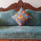 The Decor Nook Hand Embroidered Crewel Cushion Covers in Mustard & Off White Chinar Leaf Motif with Navy Blue Base