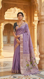 Vastranavya Lavender Muga Cotton Meenakari & Munia Weaving Pallu Saree with Contrast Blouse - Distacart